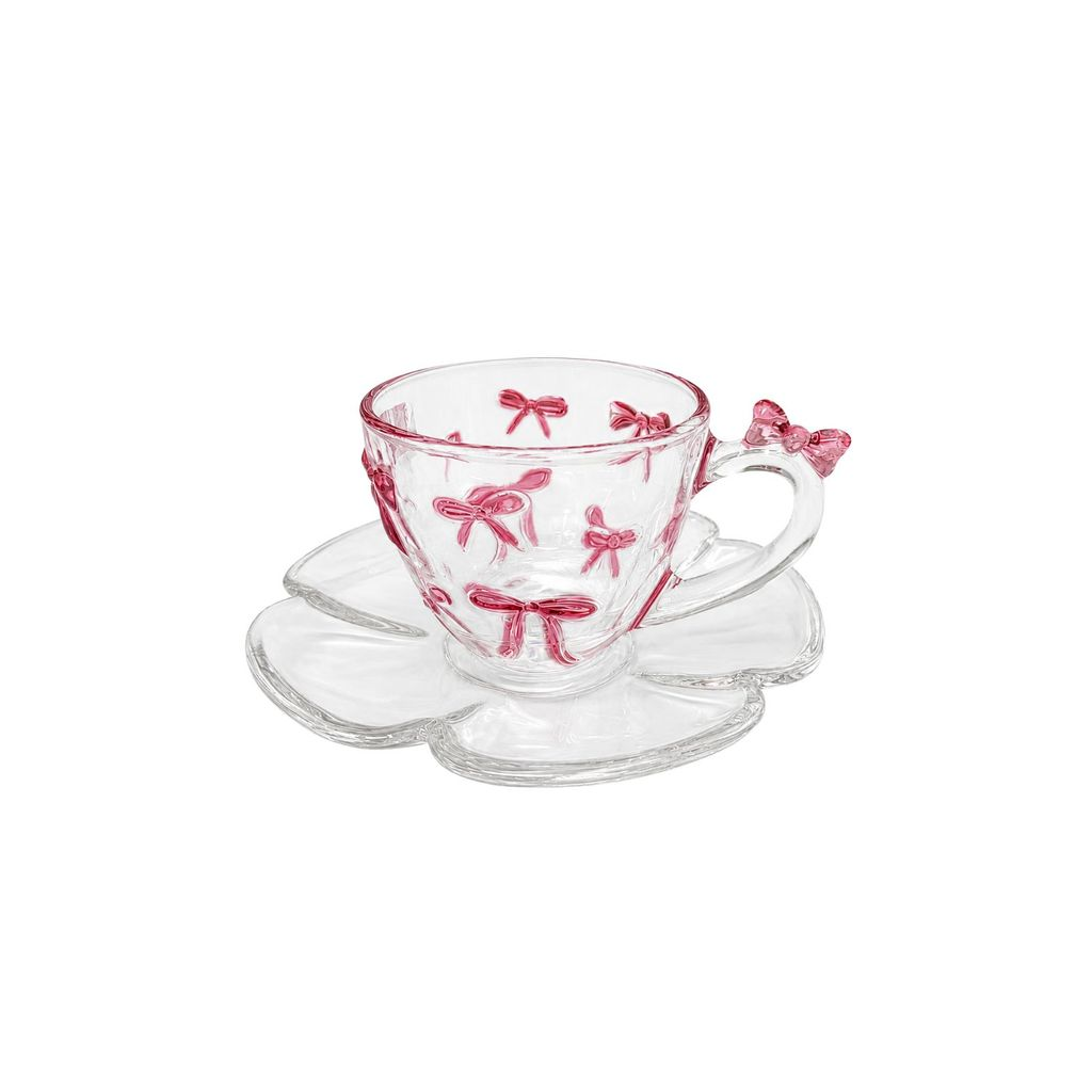 Kit 4 Xícara com Pires de Vidro com Detalhe de Laço Rosa