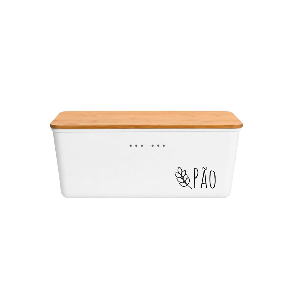 Porta Pão Branco com Tampa de Bambu Natural com Frase