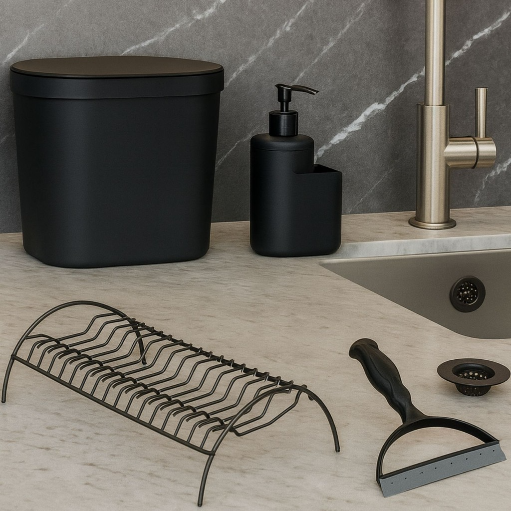 Kit Completo para Pia – Lixeira, Dispenser, Escorredor, Rodo e Filtro