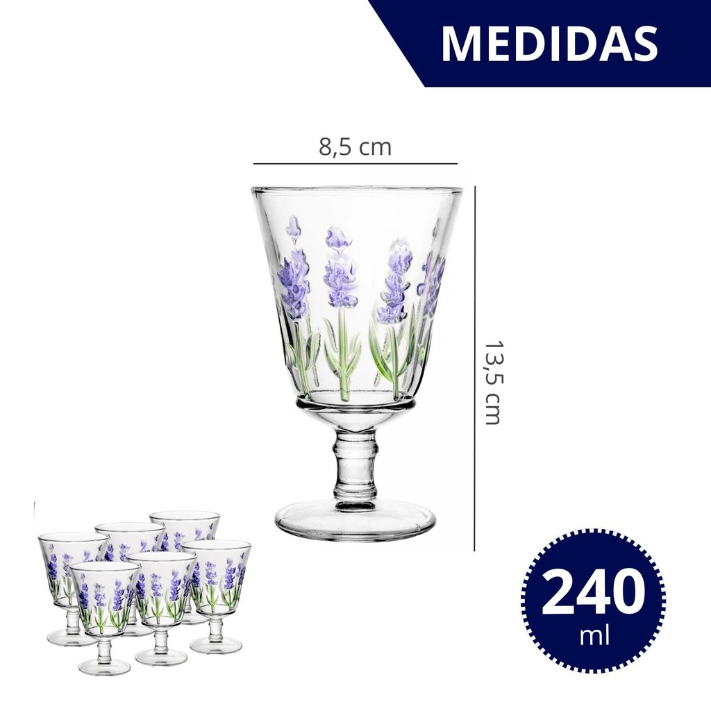 Jogo Jarra 1,5 L + 6 Taças de Vidro Com Pintura Relevo Floral Lavanda