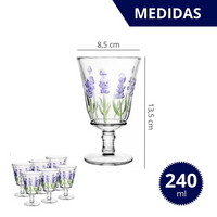 Jogo Jarra 1,5 L + 6 Taças de Vidro Com Pintura Relevo Floral Lavanda