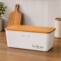 Porta Pão Branco com Tampa de Bambu Natural com Frase