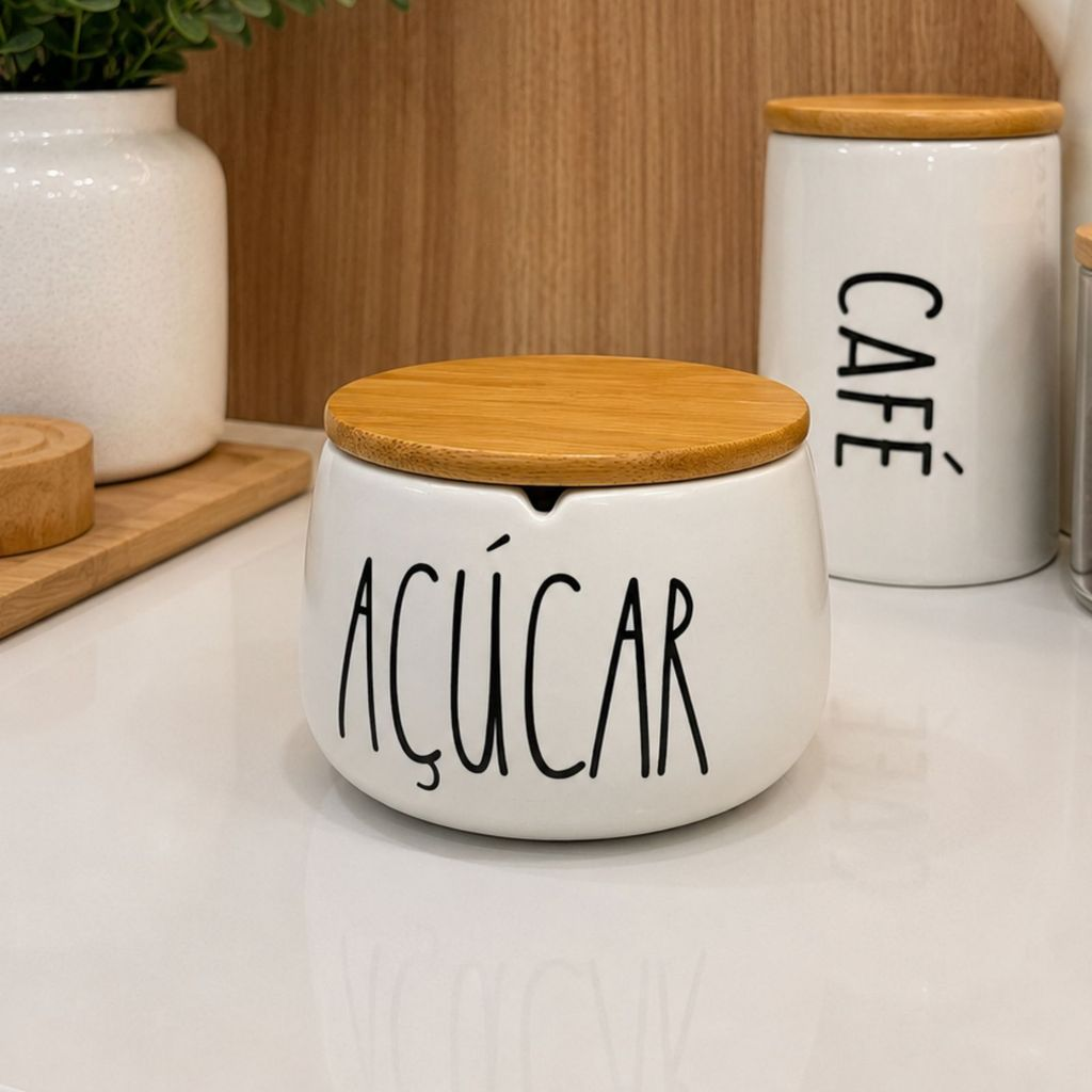 Açucareiro em Cerâmica com Tampa de Bambu Redondo Minimalista Chique