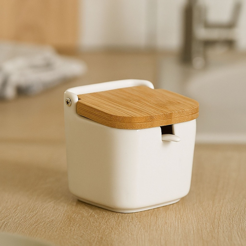 Saleiro de cerâmica e Tampa de Bambu 9x9x9