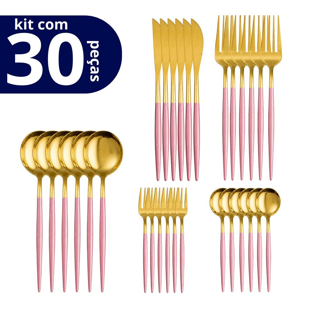 Kit Talheres em Aço Inox 30 Peças Dourado e Rosê Design Moderno e Sofisticado