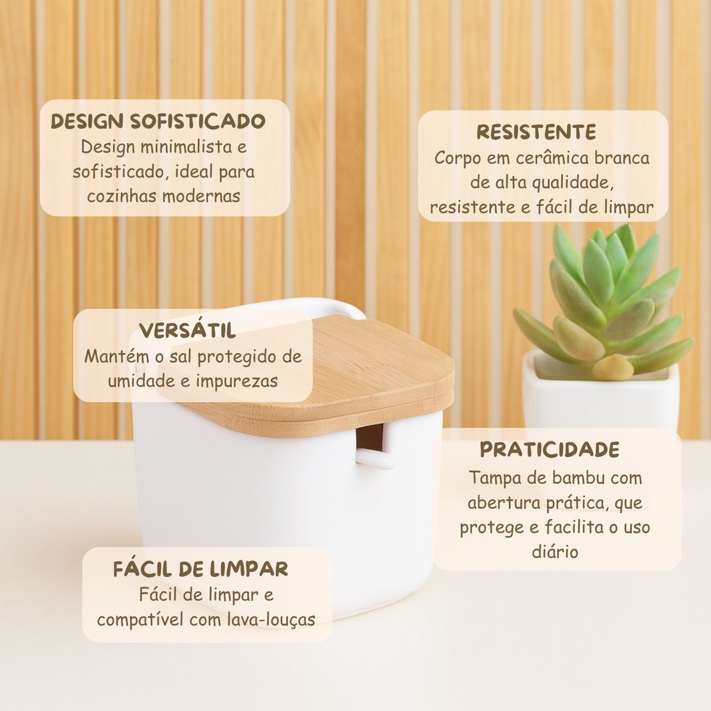 Saleiro de cerâmica e Tampa de Bambu 9x9x9