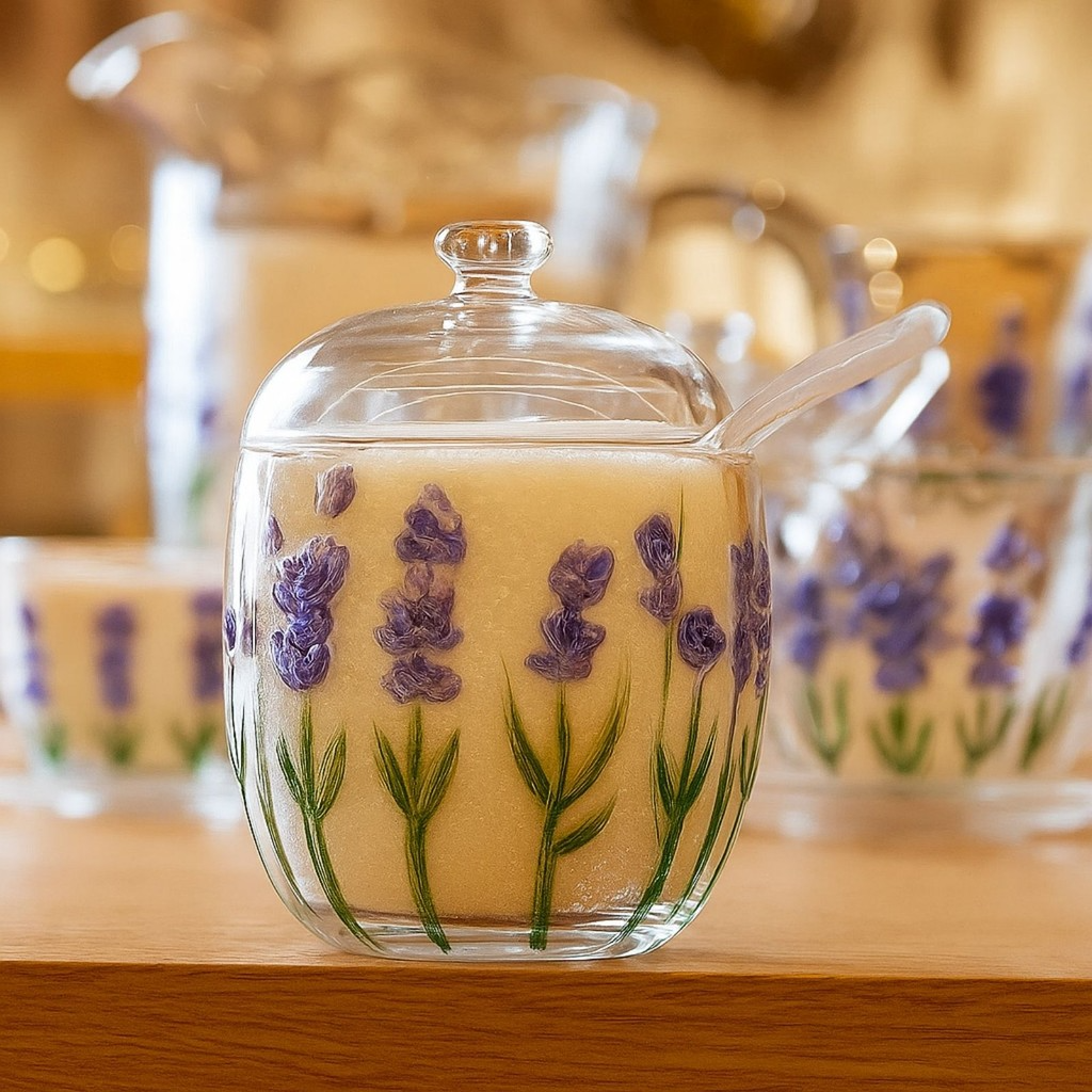 Açucareiro com Colher e Tampa com Relevo Lavanda 8,5cm x 11,3cm em Cristal