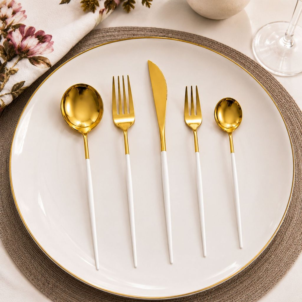 6 Colher, Garfo ou Faca em Aço Inox Dourado com Cabo Fino Branco