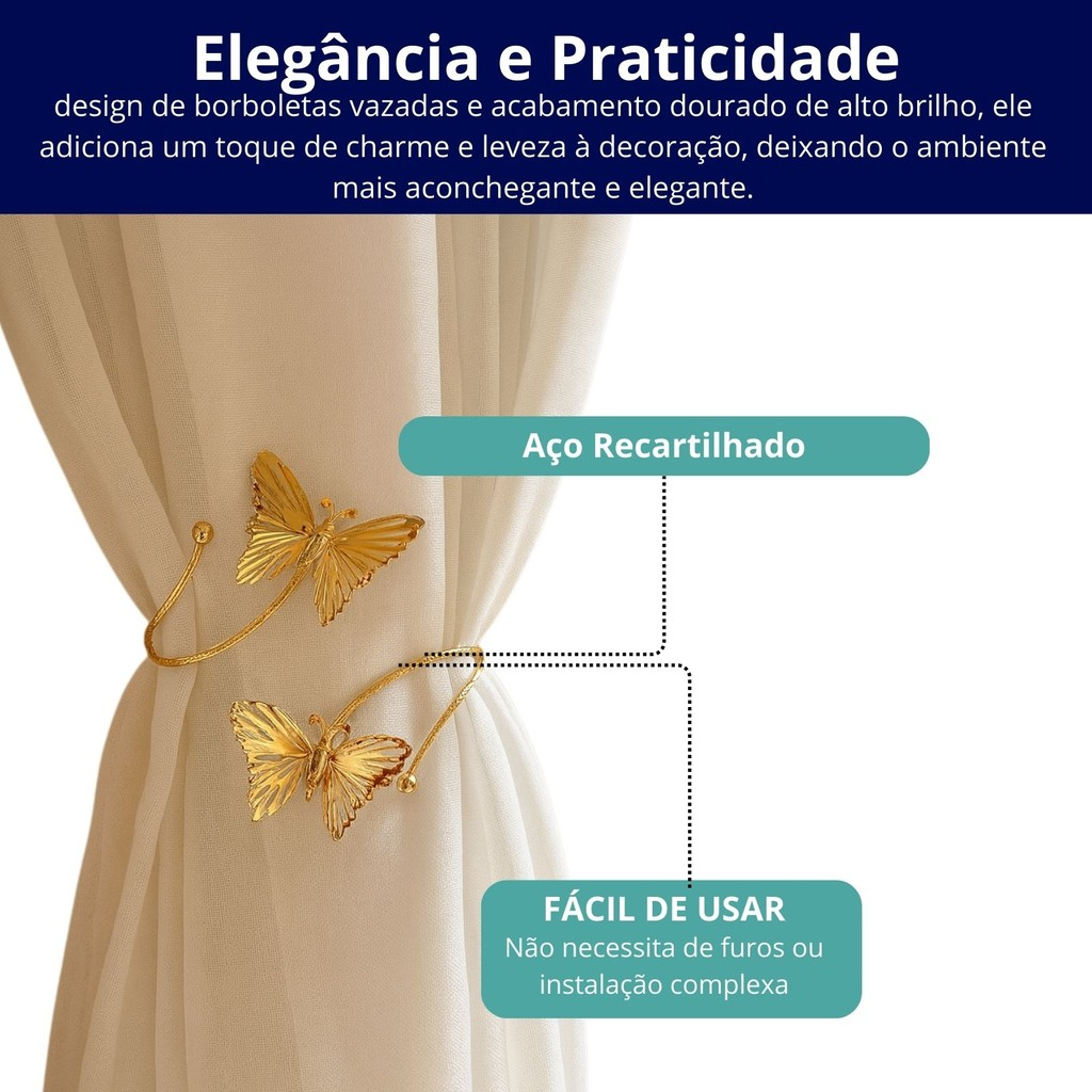 Kit 02 Prendedores de cortina Luxo Borboleta Dourada Aro Recartilhado