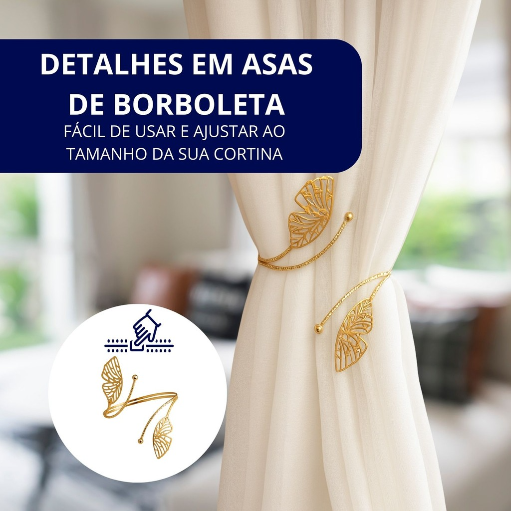 Kit 02 Prendedores de cortina Luxo Asas de Borboleta Dourada Aro Recartilhado