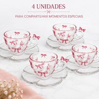 Kit 4 Xícara com Pires de Vidro com Detalhe de Laço Rosa