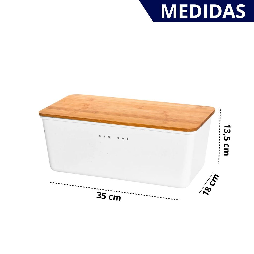 Porta Pão Branco com Tampa de Bambu Natural com Frase