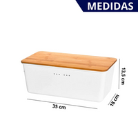 Porta Pão Branco com Tampa de Bambu Natural com Frase