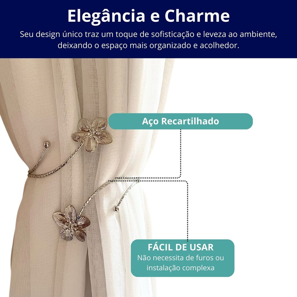 Kit 02 Prendedores de cortina Flores em Aço