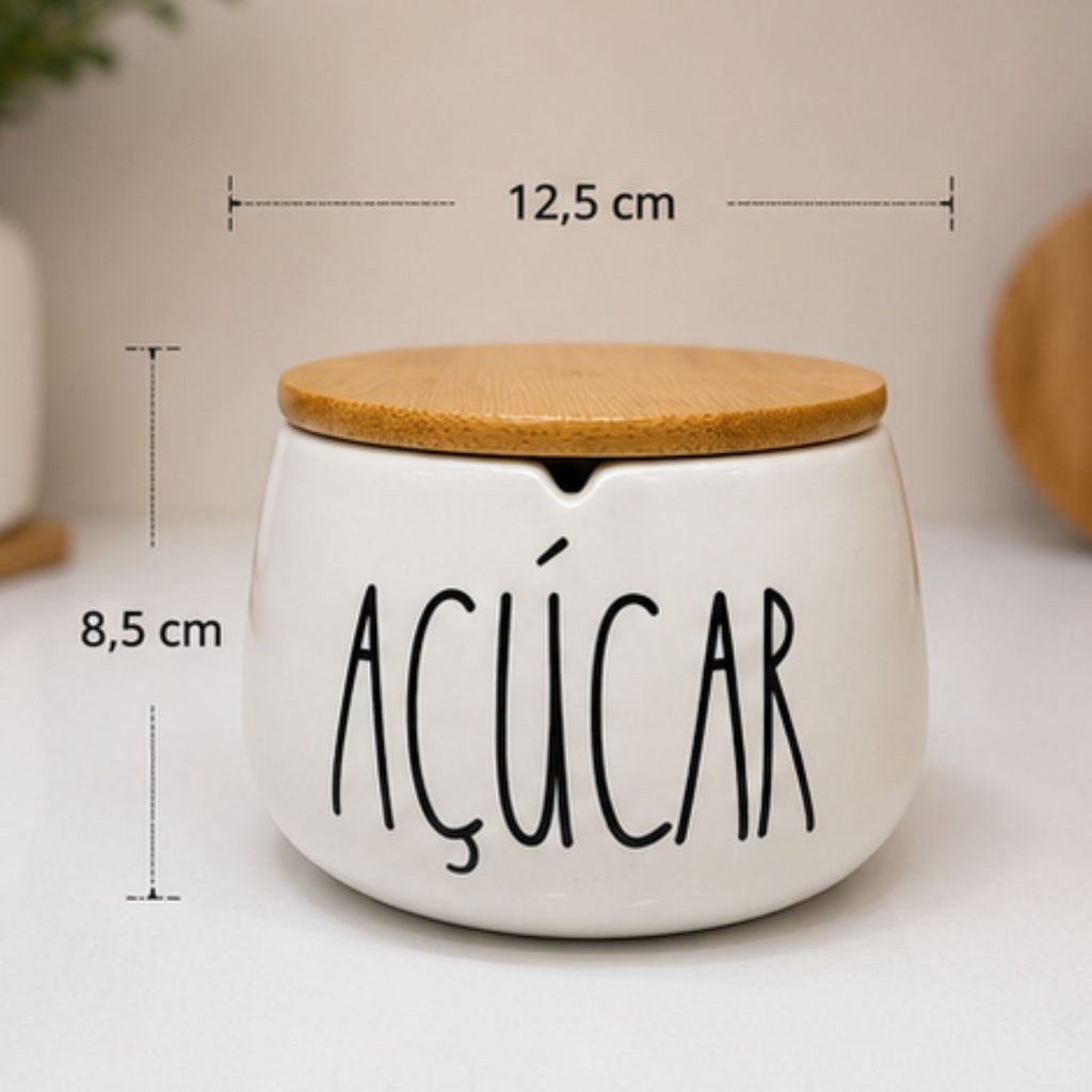 Açucareiro em Cerâmica com Tampa de Bambu Redondo Minimalista Chique