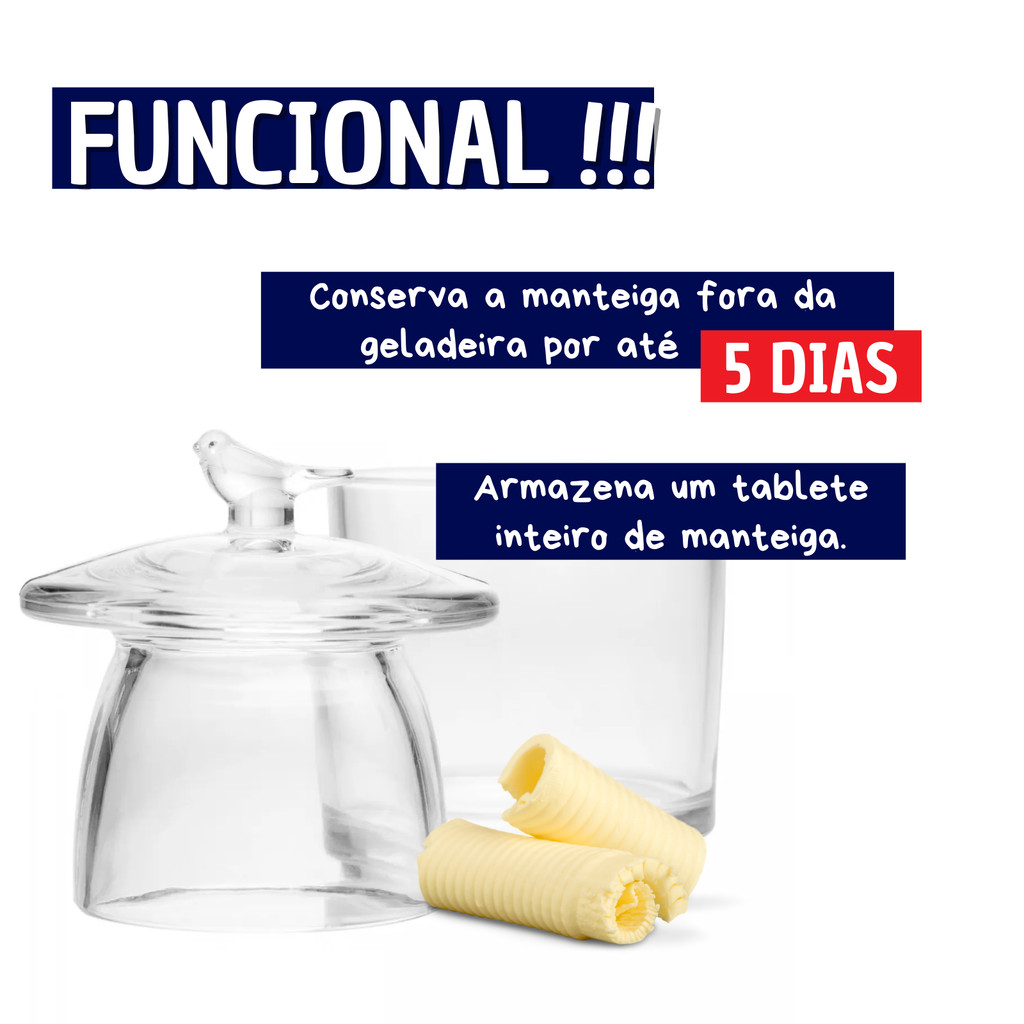 Manteigueira Francesa de Vidro Com Tampa formato de Pássaro 9,5x9,5x11