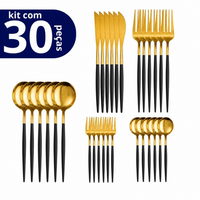 Kit Talheres em Aço Inox 30 Peças Dourado e Preto Design Moderno e Sofisticado