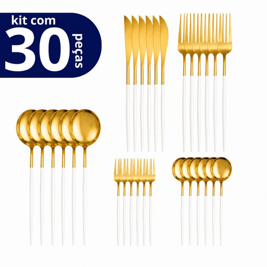 Kit Talheres em Aço Inox 30 Peças Dourado e Branco Design Moderno e Sofisticado