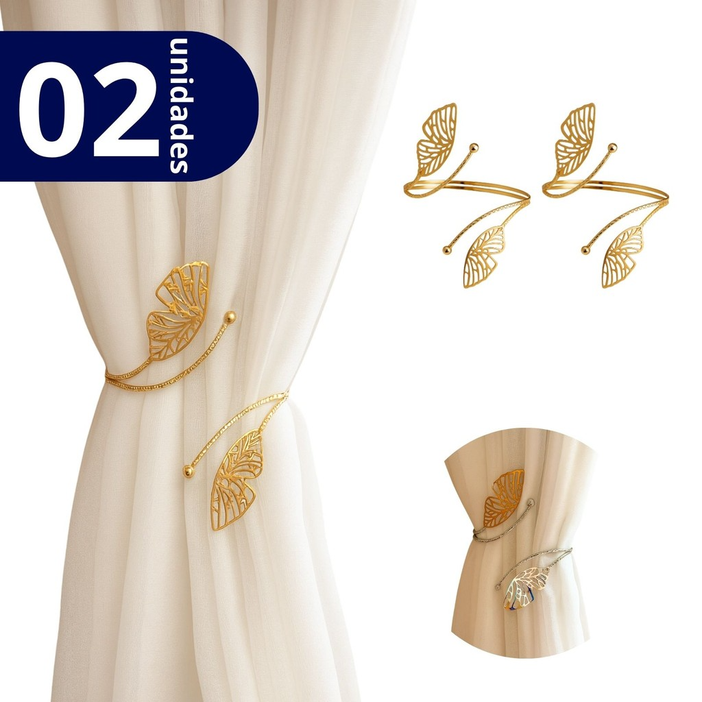 Kit 02 Prendedores de cortina Luxo Asas de Borboleta Dourada Aro Recartilhado
