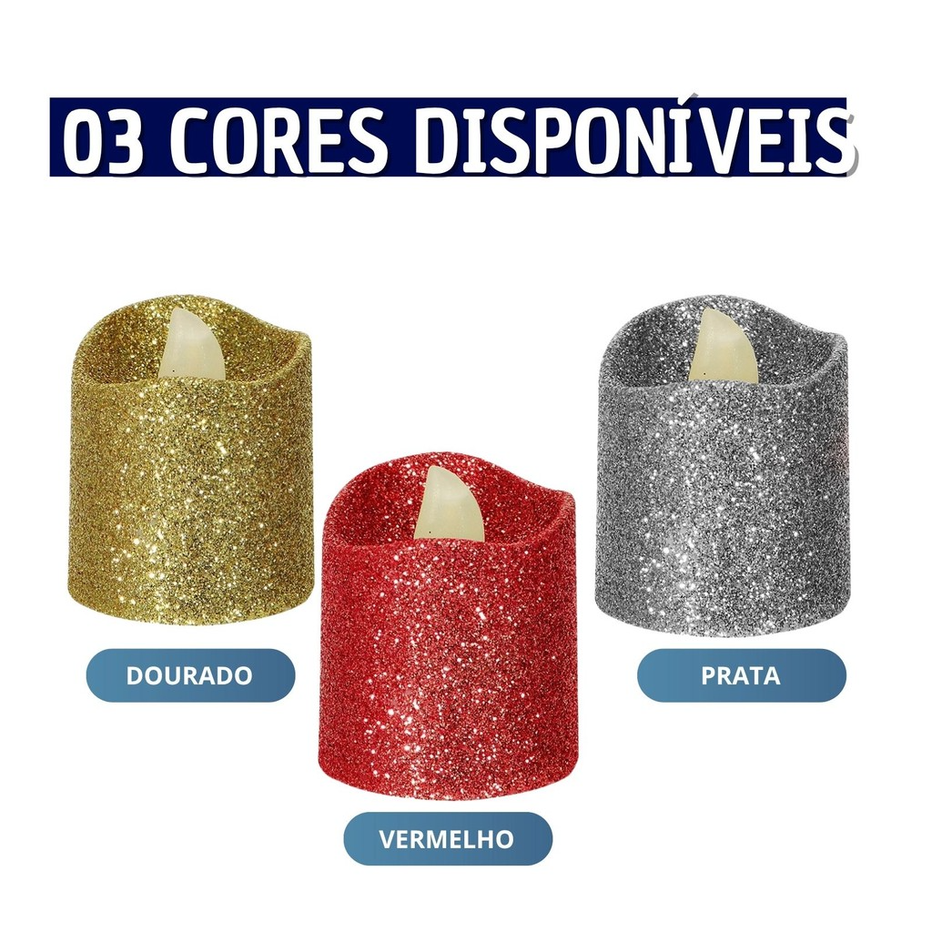 Kit 04 Mini Velas Artificiais decorativas com Glitter Mesa Posta Natal e Ano Novo