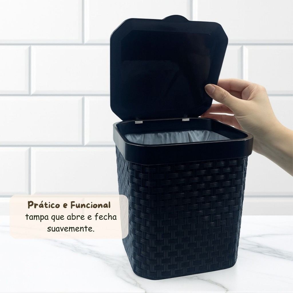 Cesto de Lixo Preto Ratan 3,5L com Tampa