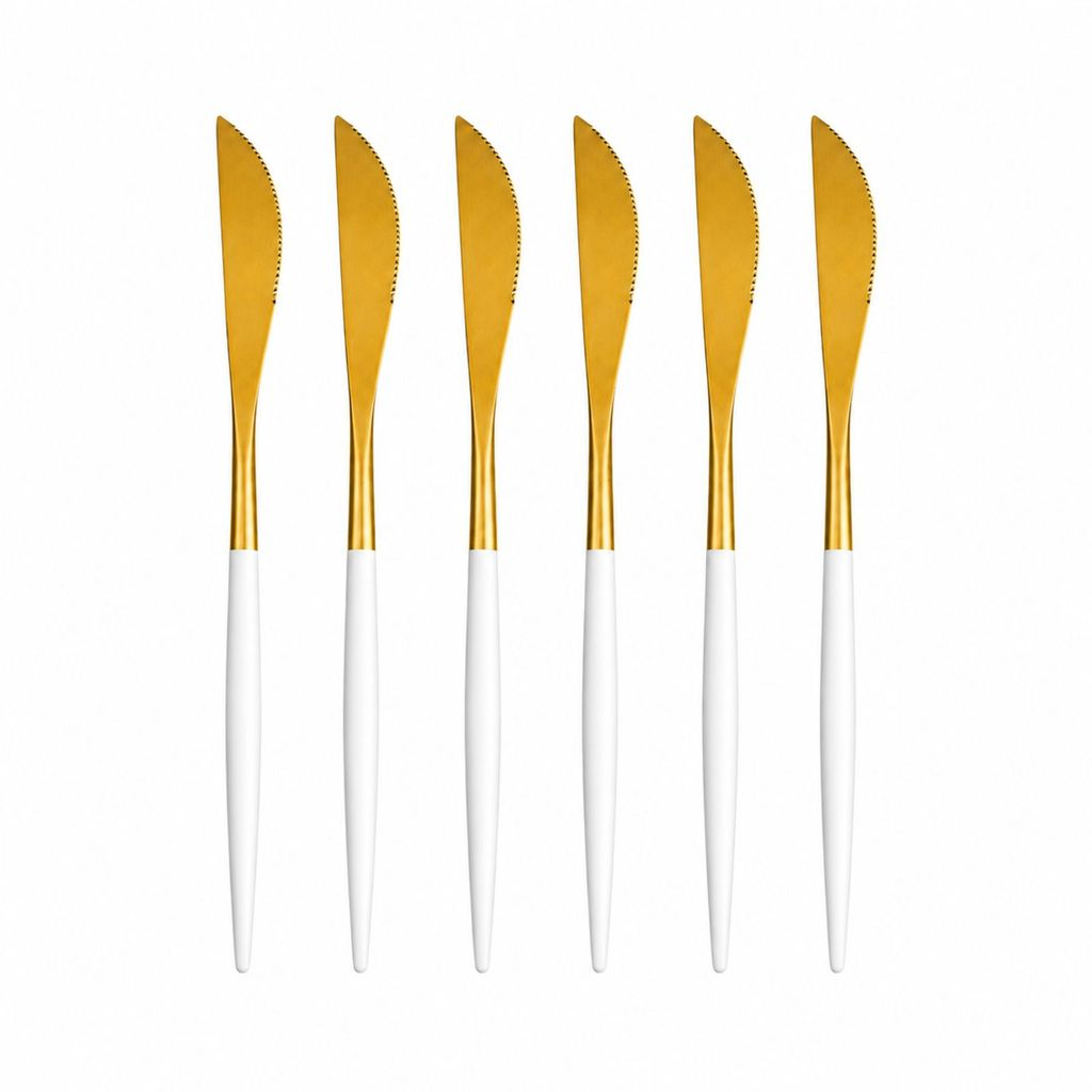 6 Colher, Garfo ou Faca em Aço Inox Dourado com Cabo Fino Branco