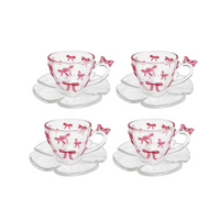 Kit 4 Xícara com Pires de Vidro com Detalhe de Laço Rosa