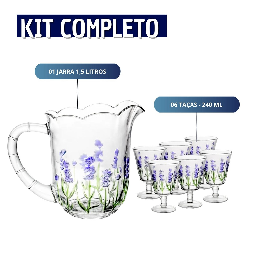 Jogo Jarra 1,5 L + 6 Taças de Vidro Com Pintura Relevo Floral Lavanda