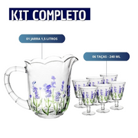 Jogo Jarra 1,5 L + 6 Taças de Vidro Com Pintura Relevo Floral Lavanda