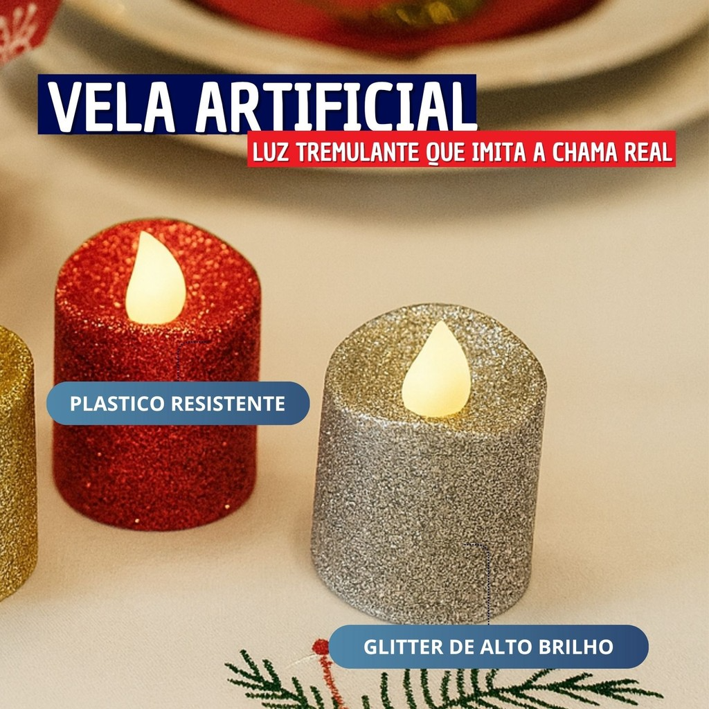 Kit 04 Mini Velas Artificiais decorativas com Glitter Mesa Posta Natal e Ano Novo