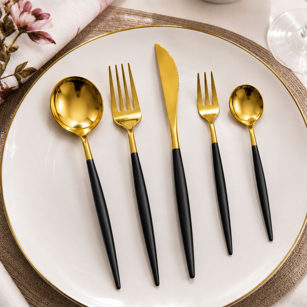 6 Colher, Garfo ou Faca em Aço Inox Dourado com Cabo Fino Black