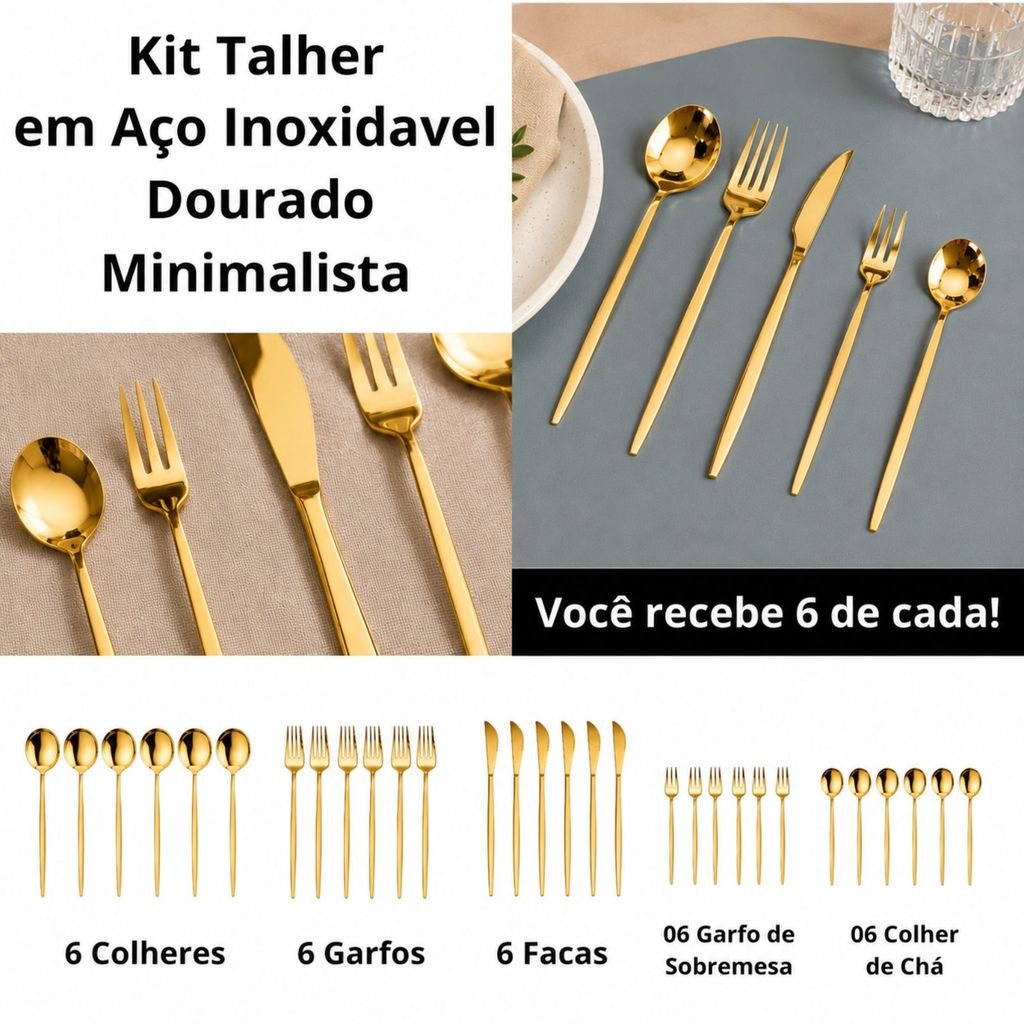 Kit Talheres em Aço Inox 30 Peças Dourado Design Moderno e Sofisticado
