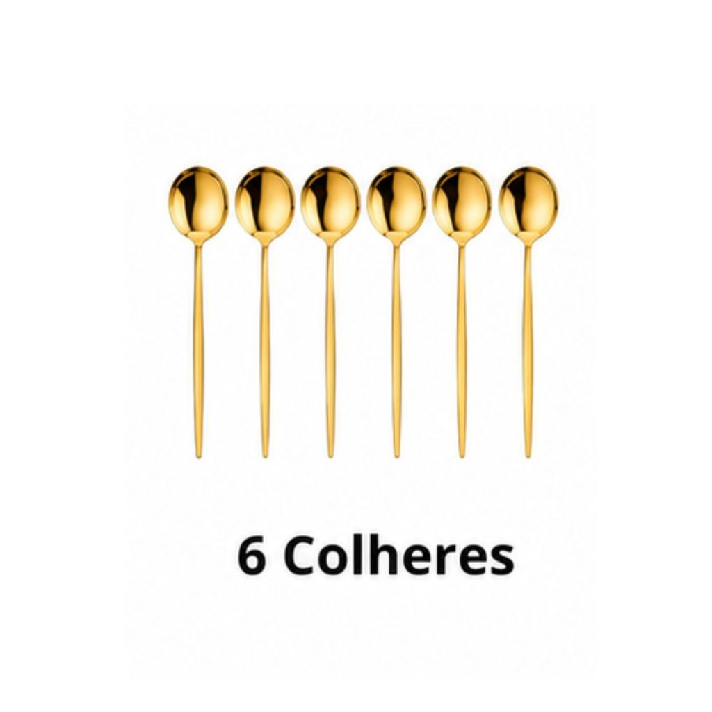 6 Colher, Garfo ou Faca em Aço Inox Dourado com Cabo Fino Chique e Minimalista