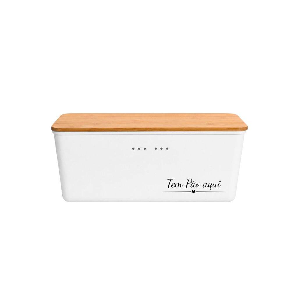 Porta Pão Branco com Tampa de Bambu Natural com Frase