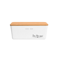 Porta Pão Branco com Tampa de Bambu Natural com Frase
