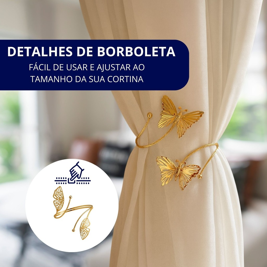 Kit 02 Prendedores de cortina Luxo Borboleta Dourada Aro Recartilhado