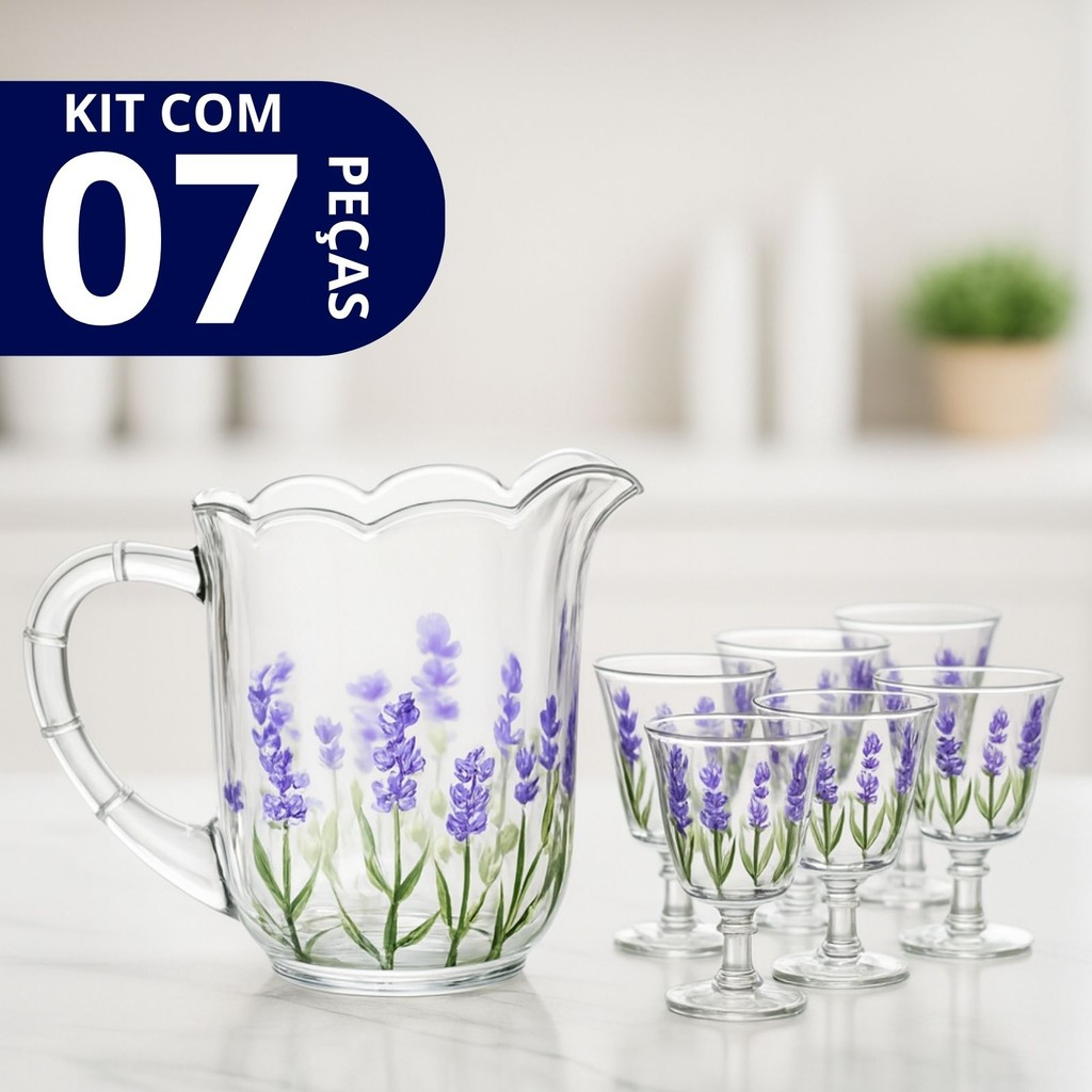 Jogo Jarra 1,5 L + 6 Taças de Vidro Com Pintura Relevo Floral Lavanda