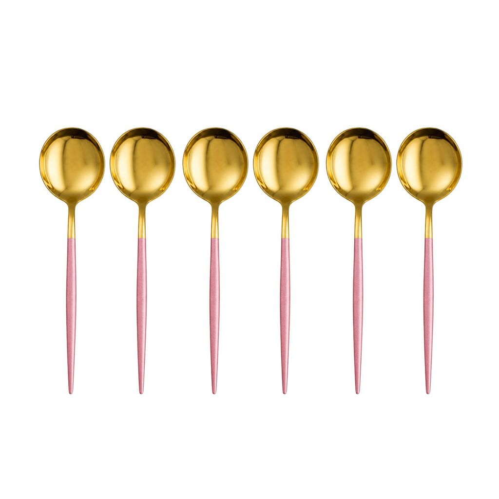 6 Colher, Garfo ou Faca em Aço Inox Dourado com Cabo Fino Rosa