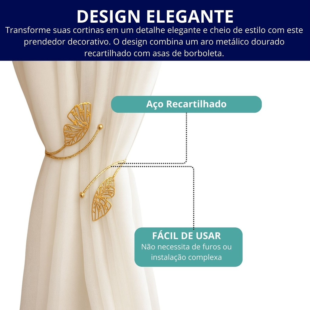 Kit 02 Prendedores de cortina Luxo Asas de Borboleta Dourada Aro Recartilhado