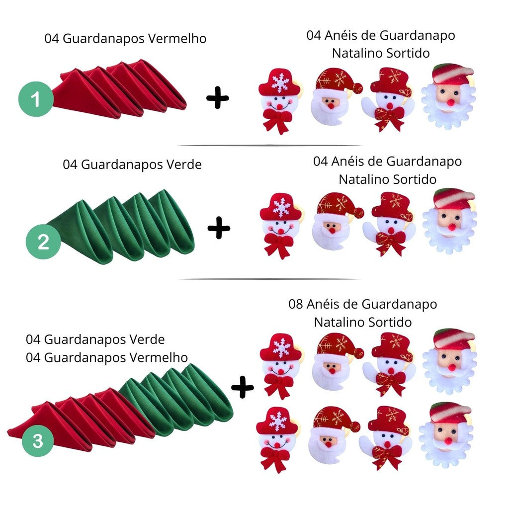 Kit com 4 Guardanapo + Argola Anel de Guardanapo Decorativo Mesa Posta Natal