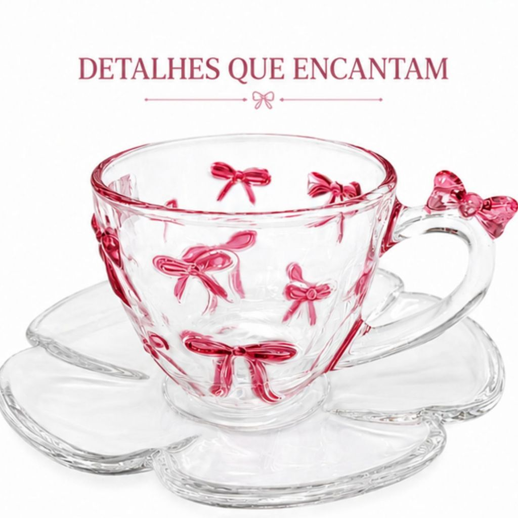 Kit 4 Xícara com Pires de Vidro com Detalhe de Laço Rosa