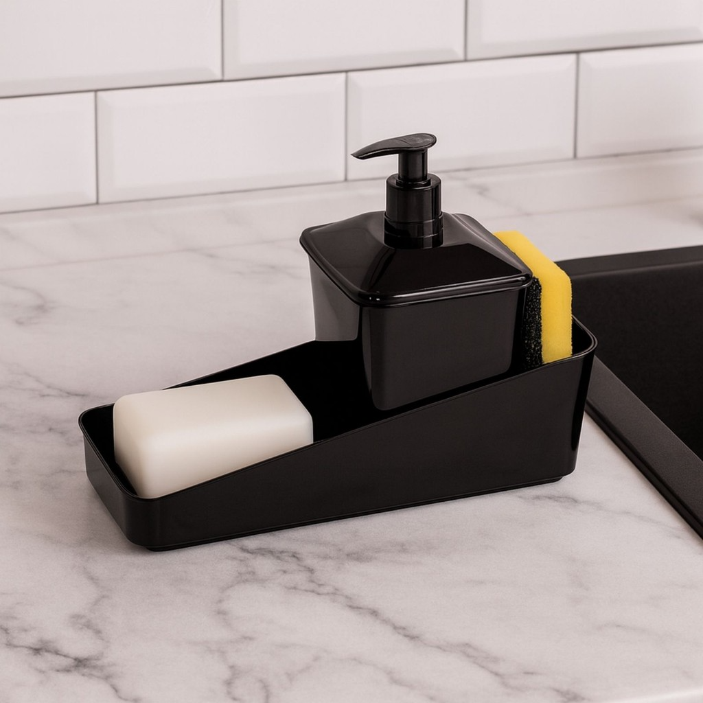 Dispenser de Detergente com Porta Esponja 600 ml- Organizador Moderno de Pia