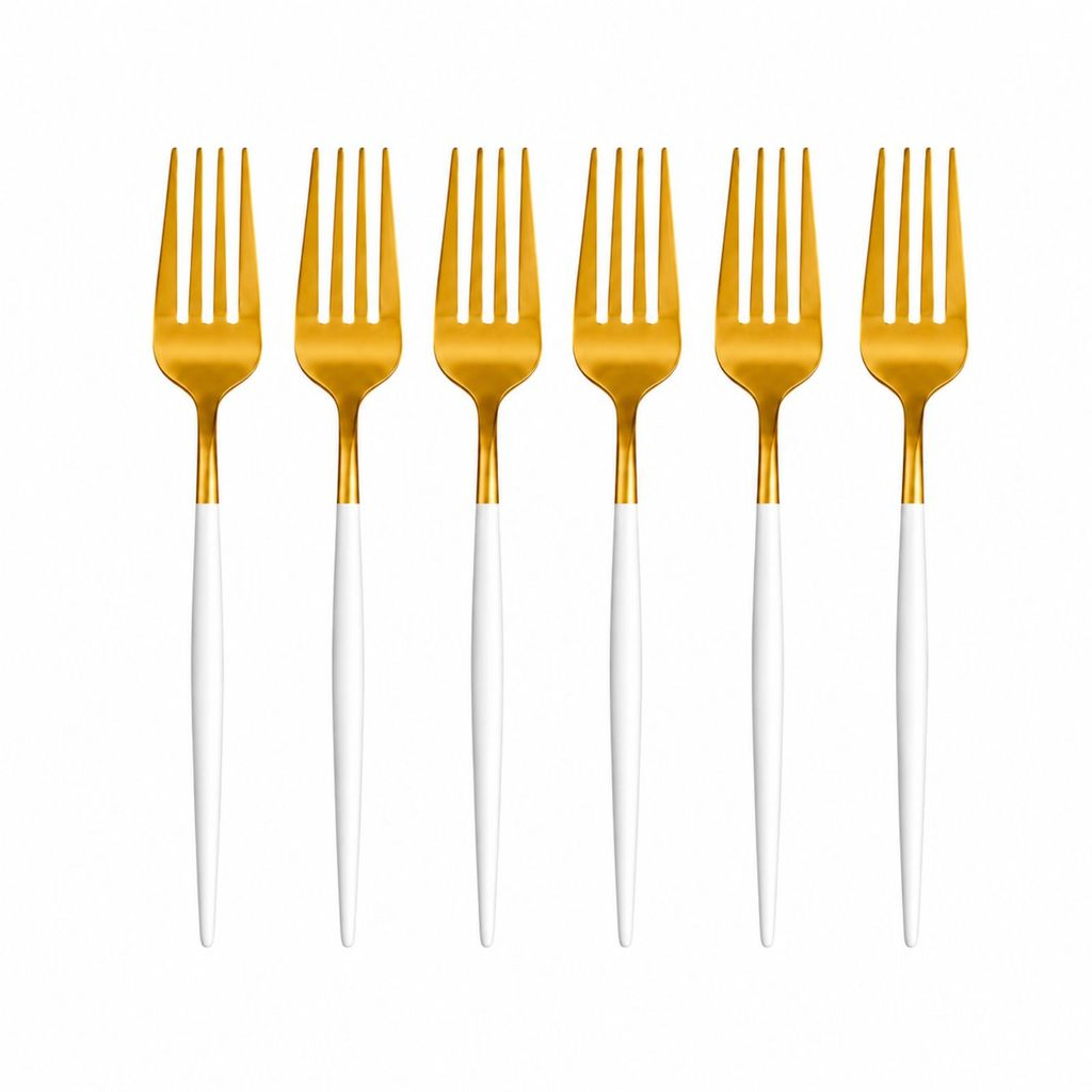 6 Colher, Garfo ou Faca em Aço Inox Dourado com Cabo Fino Branco