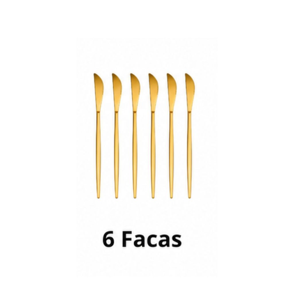 6 Colher, Garfo ou Faca em Aço Inox Dourado com Cabo Fino Chique e Minimalista