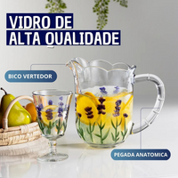 Jogo Jarra 1,5 L + 6 Taças de Vidro Com Pintura Relevo Floral Lavanda