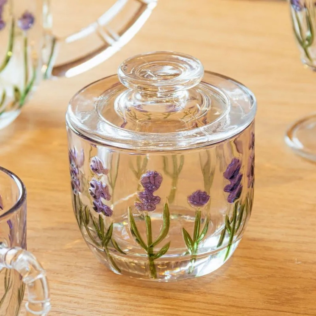 Manteigueira Francesa Flores Lavanda em Cristal 9,4x9,8cm