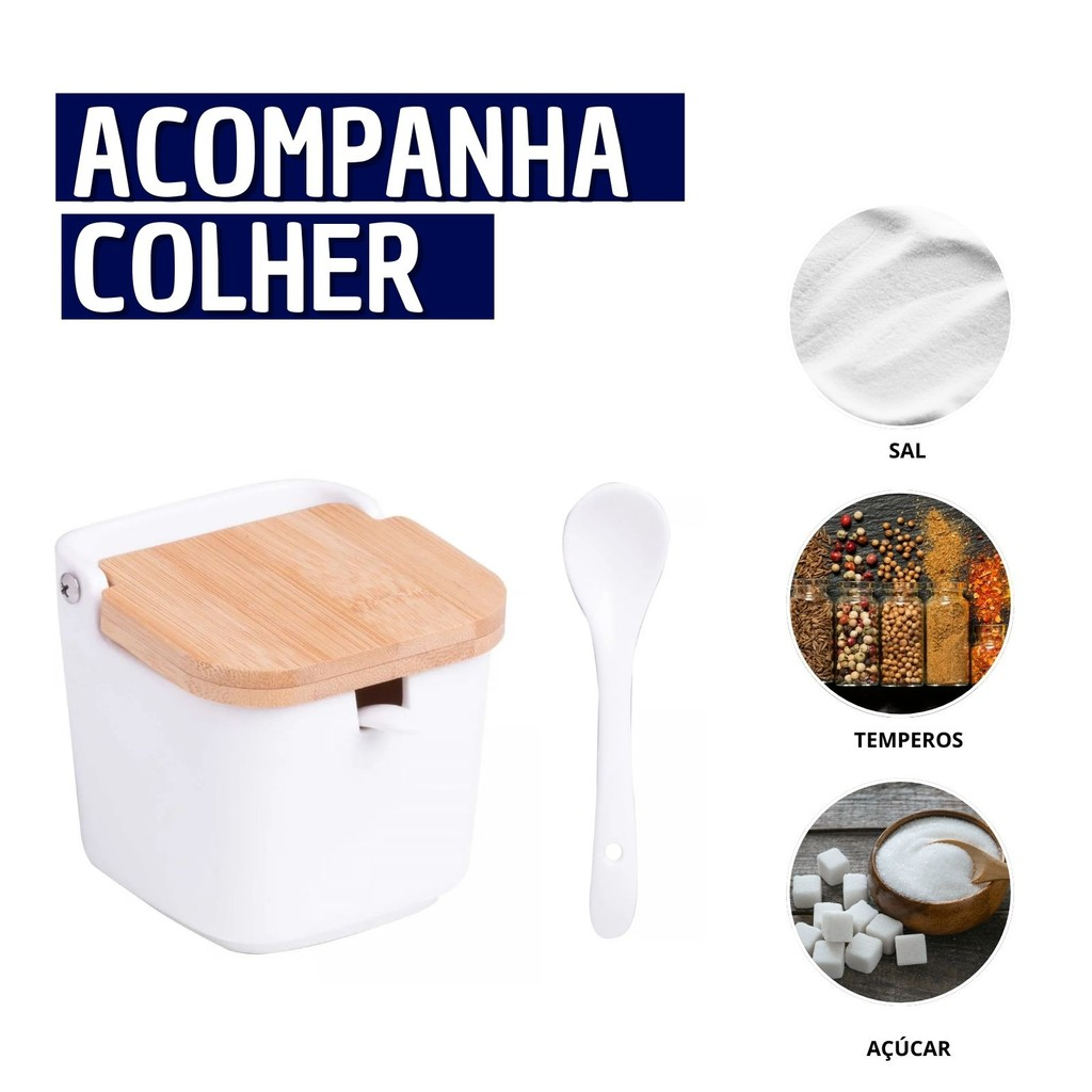 Saleiro de cerâmica e Tampa de Bambu 9x9x9