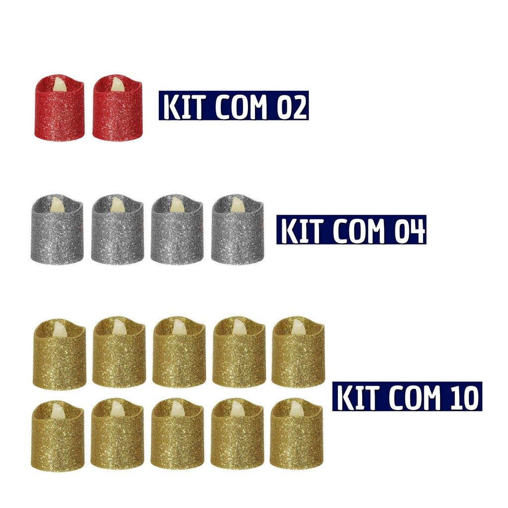 Kit 04 Mini Velas Artificiais decorativas com Glitter Mesa Posta Natal e Ano Novo