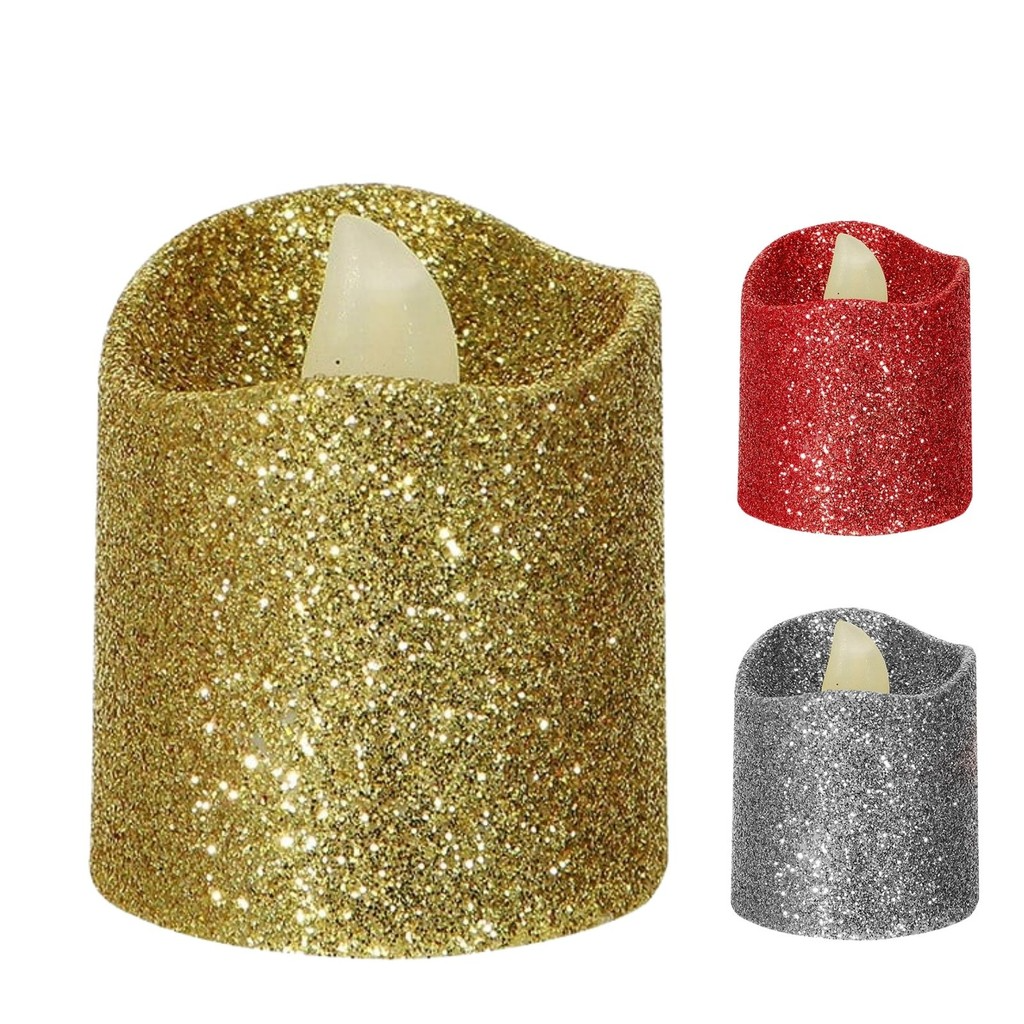 Kit 04 Mini Velas Artificiais decorativas com Glitter Mesa Posta Natal e Ano Novo