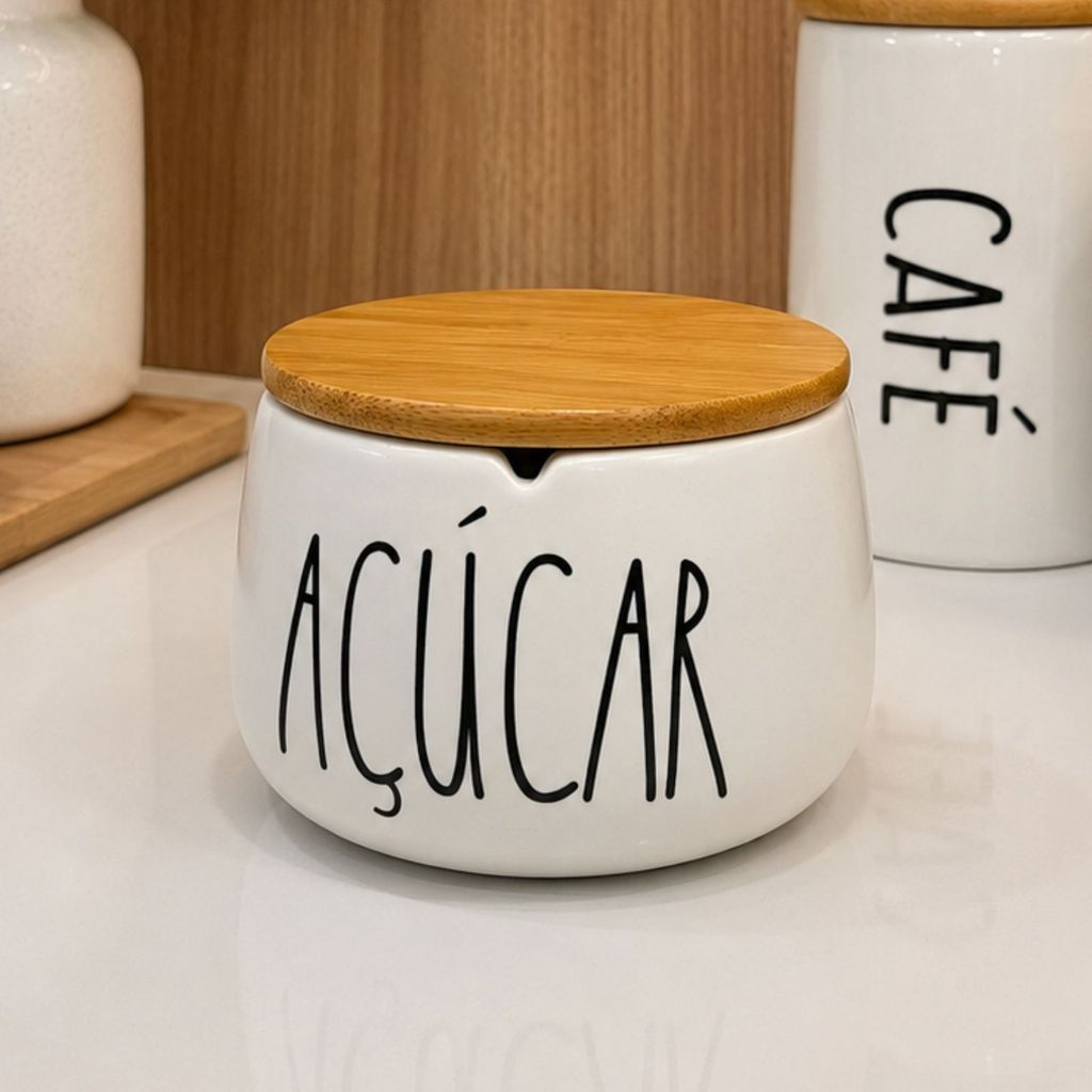 Açucareiro em Cerâmica com Tampa de Bambu Redondo Minimalista Chique